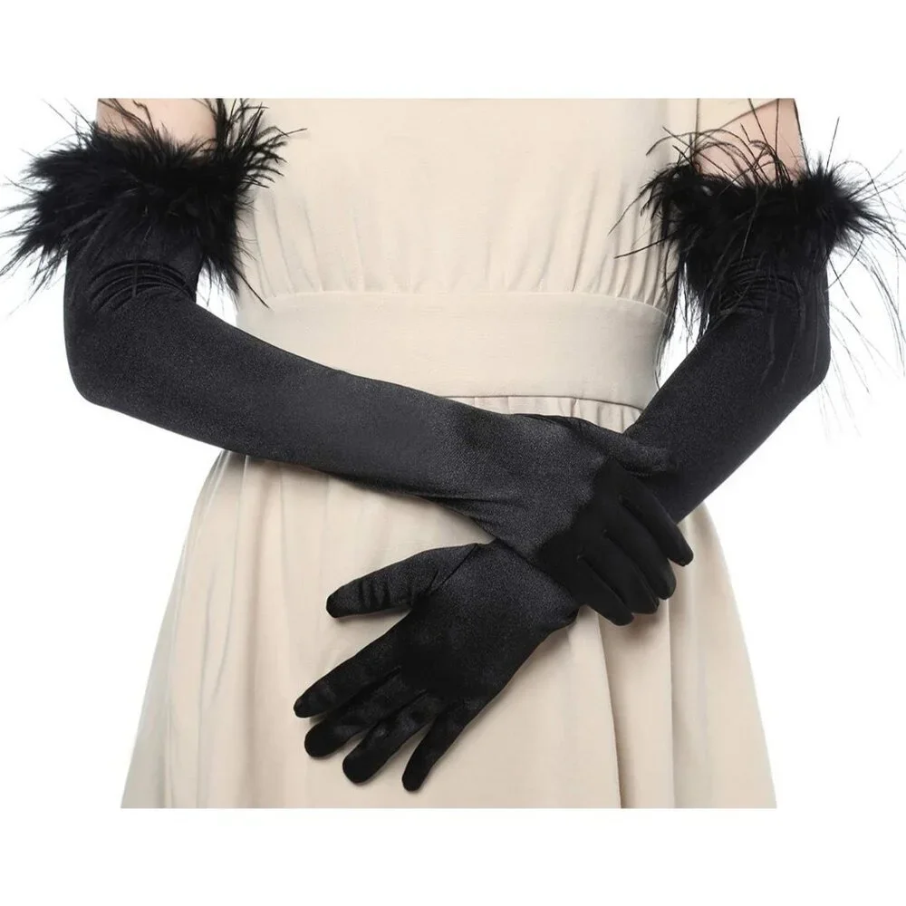 Women's Evening Black Feather Long Satin Gloves Stretchy Elbow Halloween Costume
